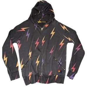 Aviator Nation Lightning Bolt Hoodie Zip Up Sweatshirt L Faded Gray Made in USA